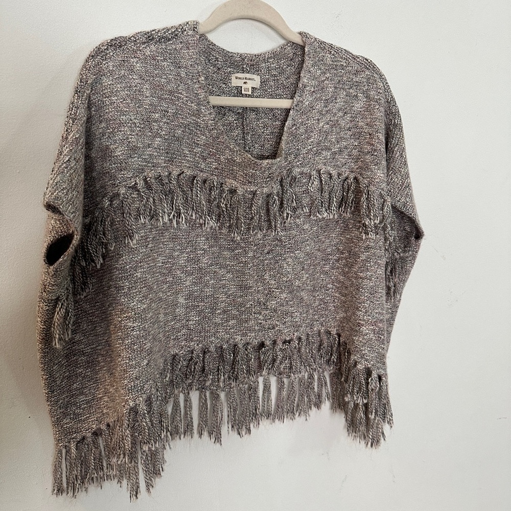 Cost Plus World Market V-Neck Fringed Sweater - Gray